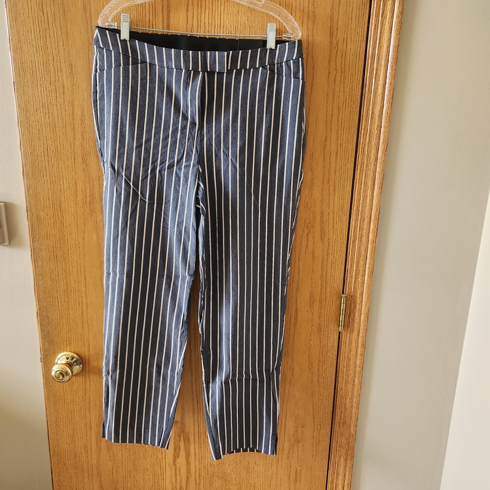 Womens Striped Pants - Blue and White Wiyh A Red Pin Stripe